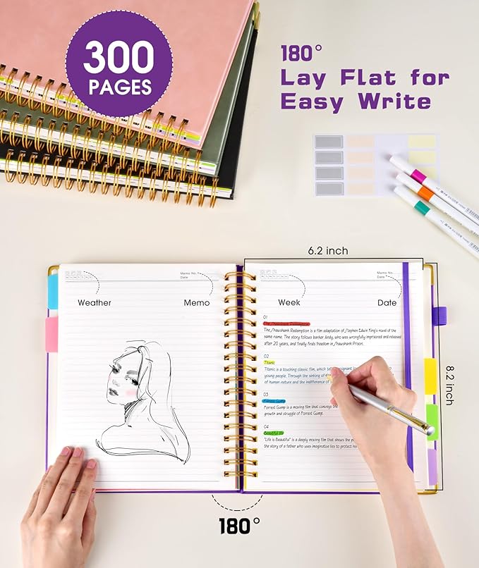Hardcover Spiral Notebook journal with Removable Dividers Tabs, 300 Pages Leather 5 Subject Notebook College Ruled, 100GMS Notebooks for Work School Note taking,Lined Journal for Women,A5 Dark purple