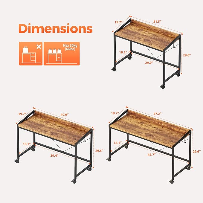 Mericonia 40 inch Rolling Computer Desk with Wheels, Gaming Desk for Small Spaces, Modern Simple Style Table for Home Office, Study Writing Table