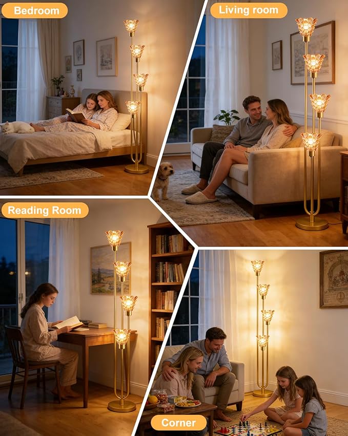 Lightdot Amber Glass Floor Lamp Dimmable 4-Lights Gold with Glass Shade 3000K Bulbs Included Mid Century Modern Standing Tall Lamp for Living Room/Bedroom/Sofa Beside/Corner Decor