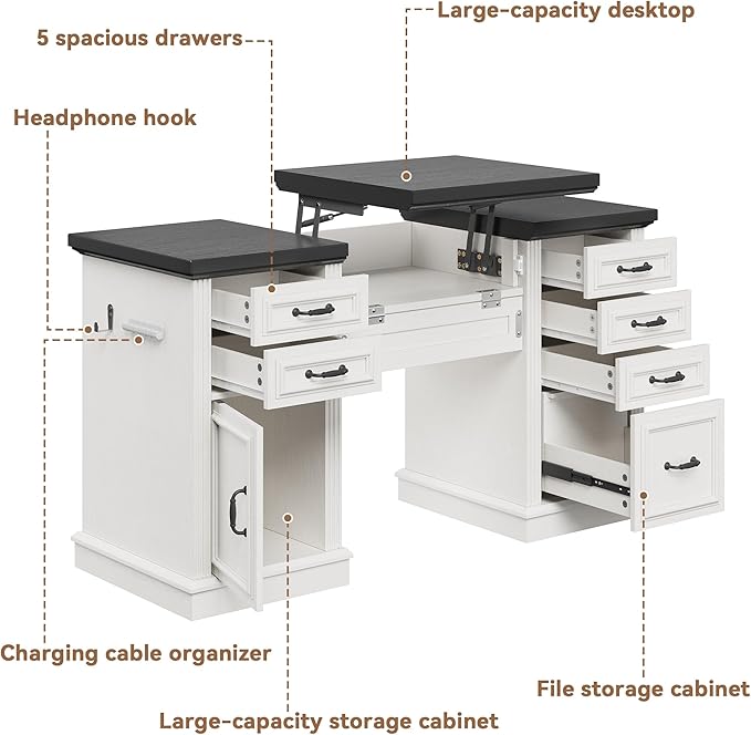 Farmhouse 57" Lift Up Executive Desk with 5 Drawers and Charging Station, Wood Home Office Computer Desk with File Cabinet Storage, Keyboard Tray,Headphone Hook for Work,Study (White+Black)