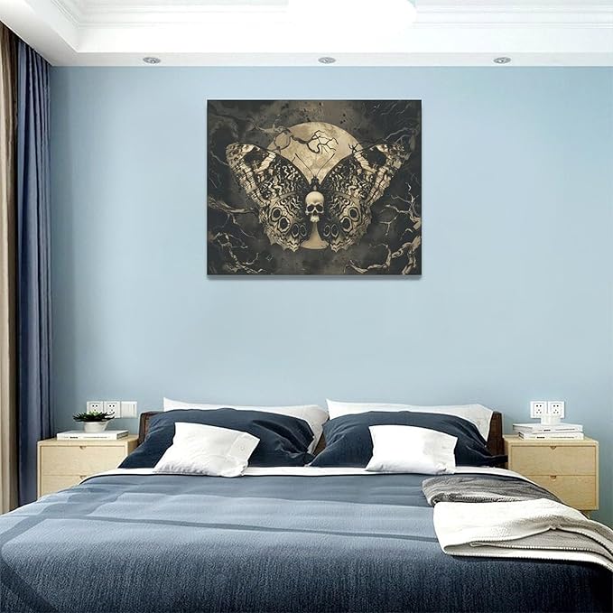 Skull Gothic Wall Art Skeleton Butterfly Dark Spooky Pictures Wall Decor Goth Horror Canvas Painting Home Modern Artwork Decorations Framed for Bathroom Living Room Bedroom Office 20x16 inch