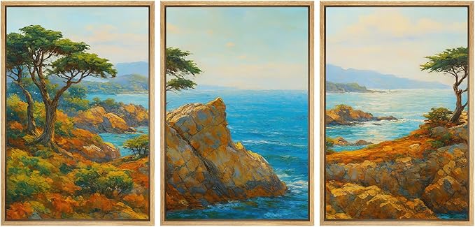 SIGNFORD Framed Wall Art Print Set Bright Coastal Cliffs and Ocean View Vibrant Seascape Digital Art Modern Art Contemporary for Living Room, Bedroom, Office - 24"x36"x3 Natural
