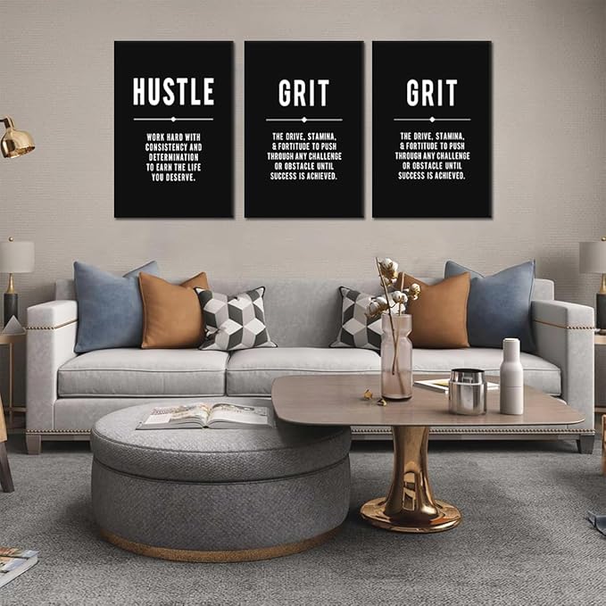 Yatsen Bridge Motivational Wall Art Set Of 3 - Hustle Grind Execute Canvas Prints Black & White Inspirational Quotes Wall Decor Modern Poster for Office, Home, Gym Or Living Room, Large 24"x36"x3