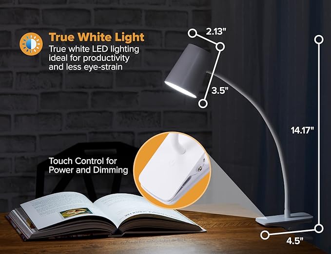 Bostitch Office Adjustable LED Clamp Light, Compact Design, Flexible Neck, Flicker Free, Suction Cups for Stable Installation, White (LED2103)