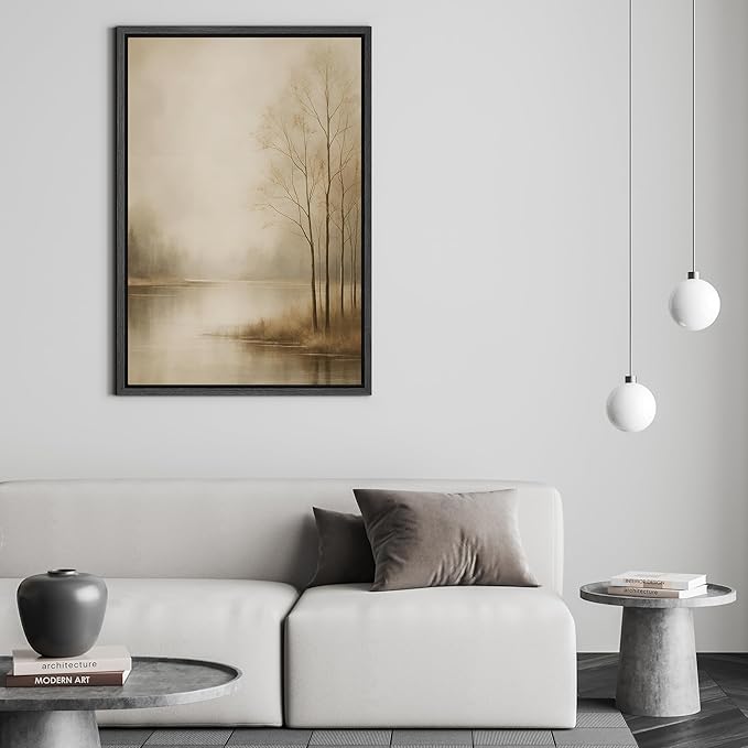 SIGNFORD Framed Canvas Print Wall Art Serene Foggy Lake Landscape with Bare Trees Illustrations Digital Art Modern Art Decorative Multicolor Rustic Minimal for Bedroom - 16"x24" BLACK