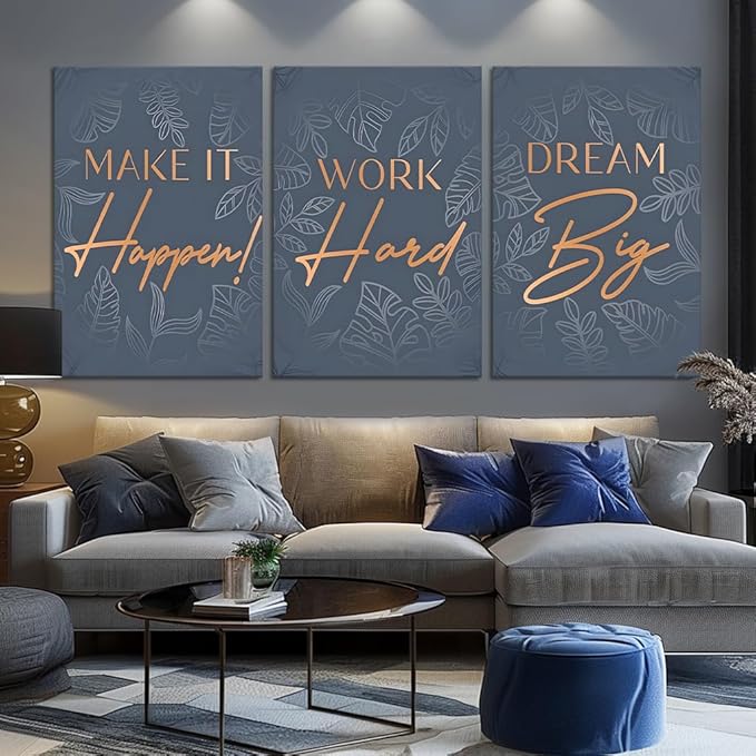 Set of 3 Inspirational Quotes Wall Art, Dream Big Work Hard Make It Happen Canvas Print Positive Office Poster Motivational Wall Decor Inspiring Picture Entrepreneur Painting Artwork, Framed 24"x36"x3