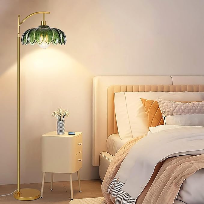 Floor Lamp for Living Room Bedroom,Gold Dimmable Standing Lamp with Remote,Mid Century Modern Brass Tall Lamp Vintage Green Glass Lamp Floor Light,Arc Unique Floor Lamps for Office Corner