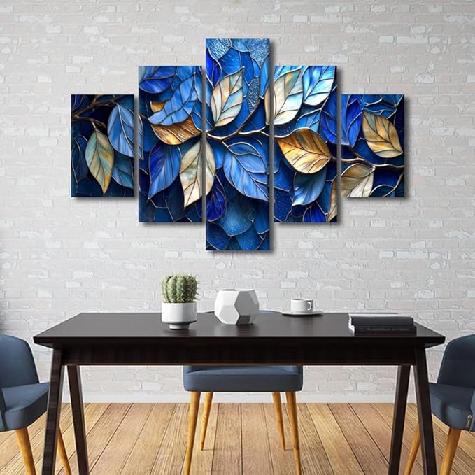 Canvas Wall Art Modern Abstract Canvas Art Decor Blue and Golden Leaves Poster Prints on Canvas 5 Panel Wall Art for Men Lady Living Room Decoration Stretched and Framed Ready to Hang 60x40 in