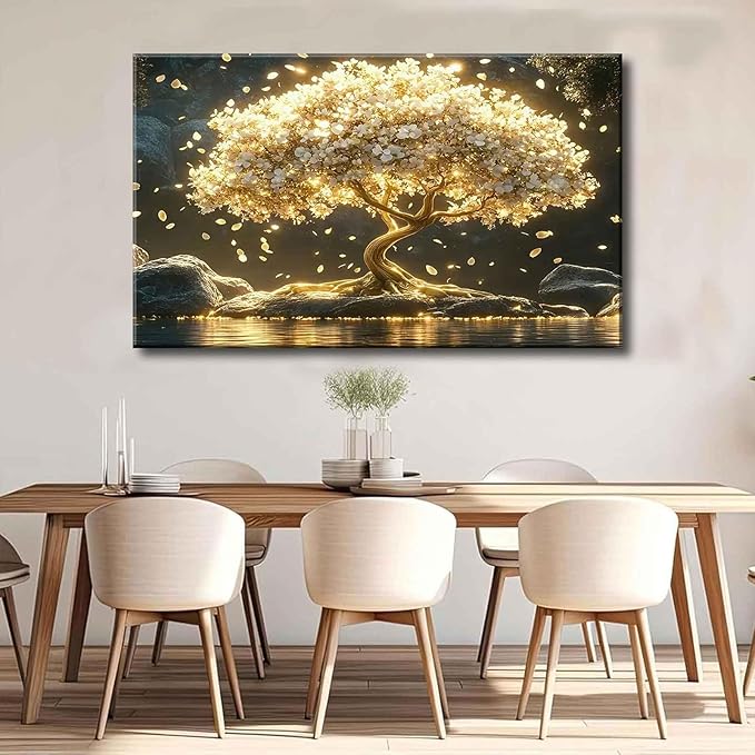 Large Tree of Life Canvas Wall Art Abstract Gold Tree Mountain Lake Decor painting Pictures Nordic Golden White Flowers Posters Prints for living room Bathroom Bedroom Office Hallway Home Decoration