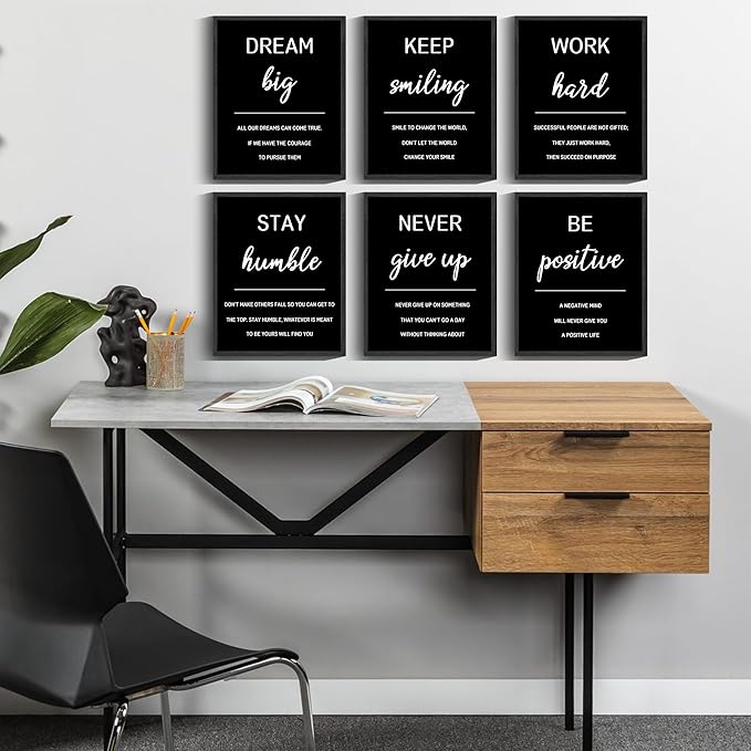 Drsoum Inspirational Office Framed Wall Art Motivational Wall Decor Quotes Encouraging Canvas Posters for Living Room Bedroom Sayings - 8” x10” x6 PCS Black Framed