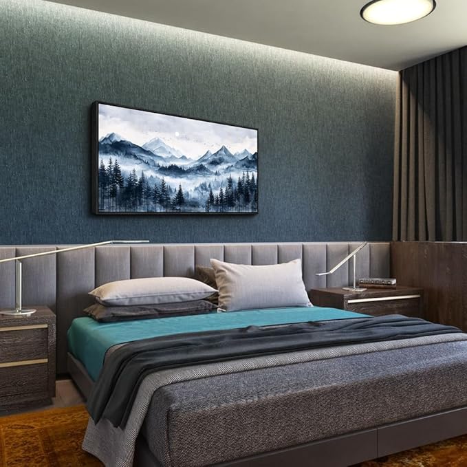 ERQINHUA Black Framed Canvas Wall Art For Bedroom Large Wall Decor For Living Room Modern Office Home Decorations Printed Misty and Fog Forest Painting Mountain Landscape Wall Aesthetics 24x48 In