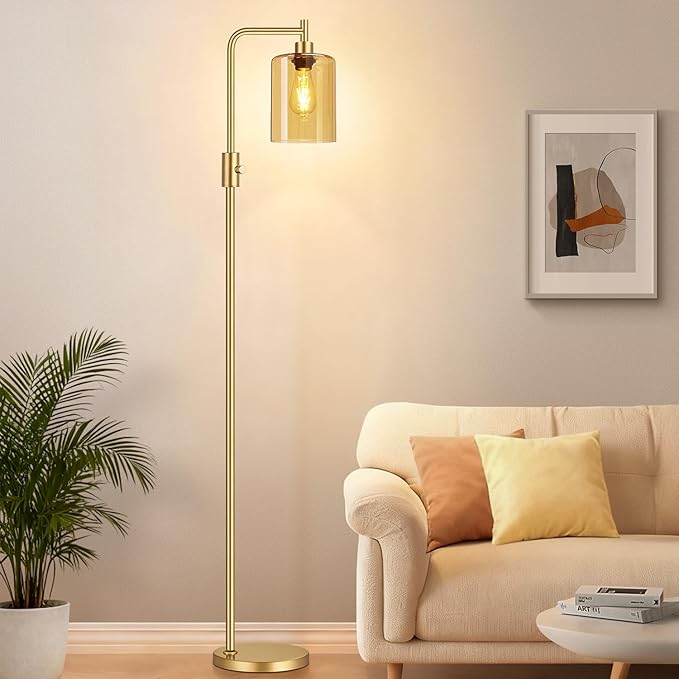 【Upgraded】Gold Dimmable Floor Lamp for Living Room with Amber Glass Lampshade, Glass Modern Floor Lamp with 900LM Bulb Included, Bright Standing Tall Lamp for Bedroom, Office, Reading Room, Corner