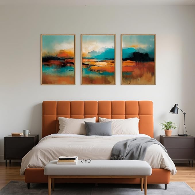 Large Abstract Burnt Orange Framed Canvas Wall Art,Neutral Blue and Black Wall Decor,Modern Brush Stroke Artwork,Minimalist Watercolor Art Print for Living Room,Bedroom,Office- 24"x36"x3