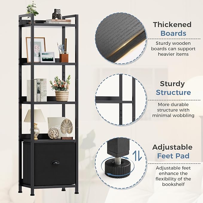 DUMOS 5 Tier Bookshelf, Bookcase with Fabric Drawer, Multi-Functional Display Standing Shelf for CDs/Books/Movies, Wood and Metal Storage Organizer in Bedroom, Living Room and Closet, Black