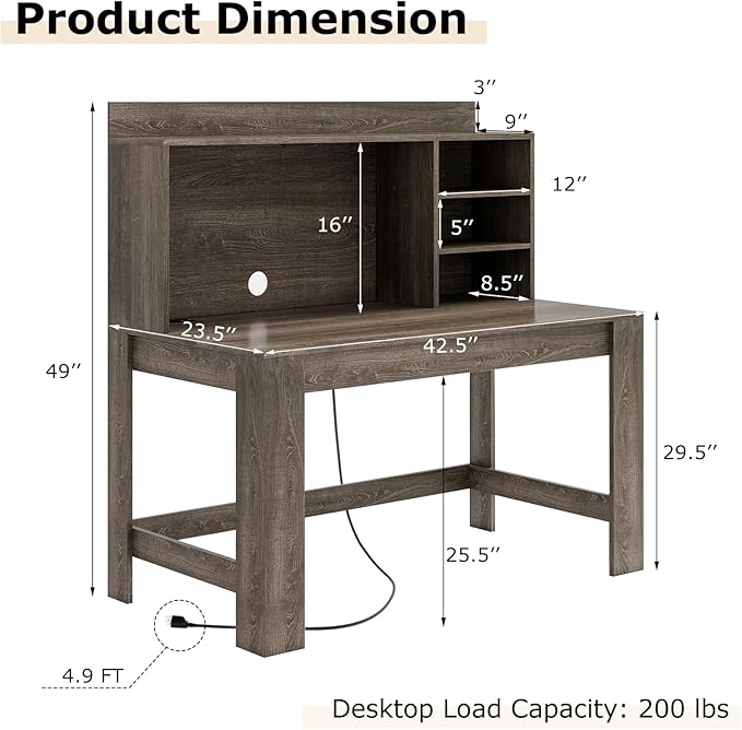 Tangkula Computer Desk with Hutch & Charging Station, Home Office Writing Study Desk with Storage Shelves, Cable Management Hole, Laptop Desk, Desk for Bedroom, Computer Workstation (Gray Oak)