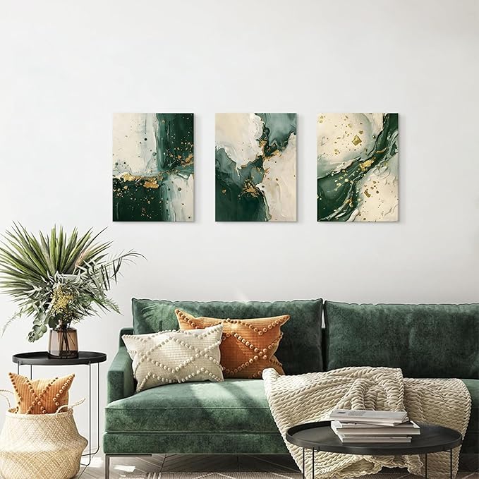 3pcs Emerald Green Wall Decor Living Room,Modern Green and Gold Marble Abstract Canvas Wall Art Painting Prints,Minimalist Framed Wall Art for Bedroom Office Home Decoration,Ready To Hang,12x16in