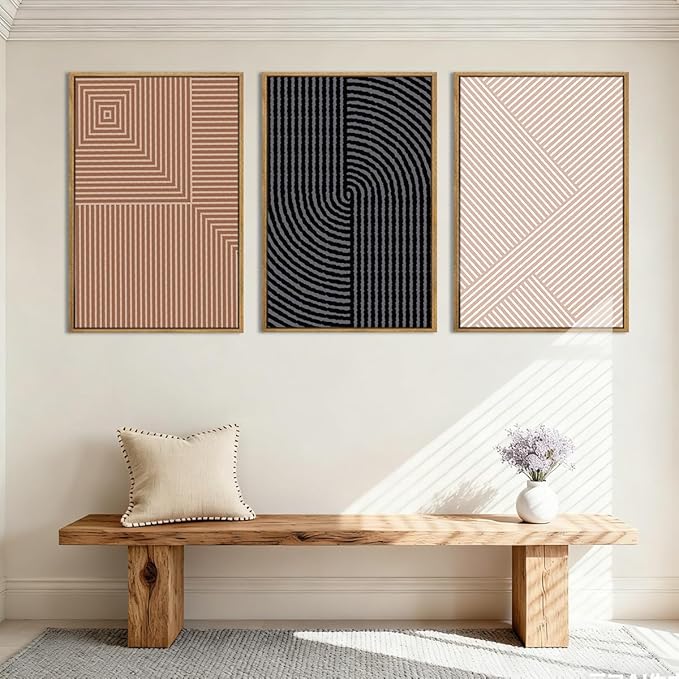 ANHUIB Extra Large Neutral Abstract Modern Canvas Wall Art Set of 3 Framed Black and White Beige Wall Decor Boho Minimalist Artwork Walls Geometric Line Painting for Living Room Bedroom Office 24x36In