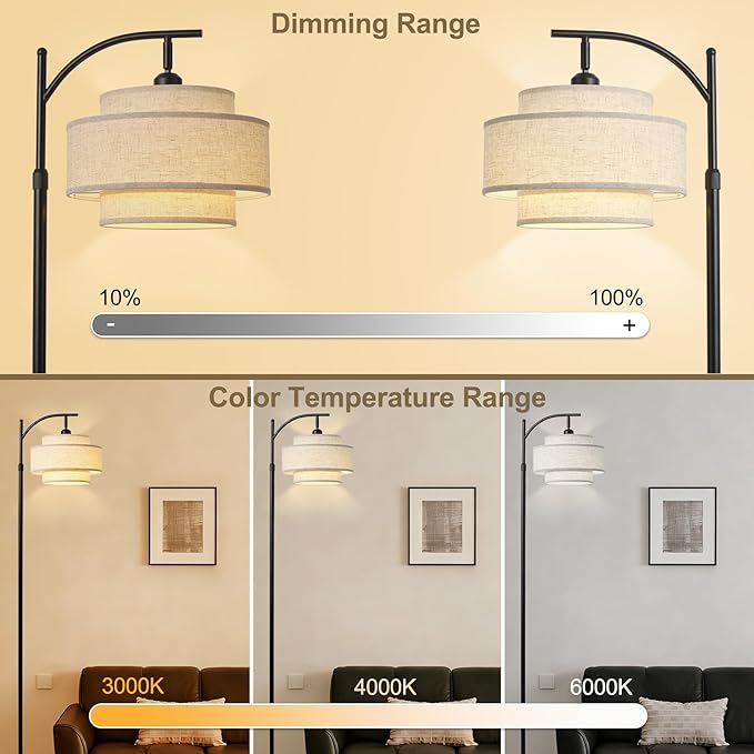 Arc Fabric Tall Floor Lamp with 3-Color Temperatures Remote & Dimmable 9W Bulb, Dimmable Floor Lamp with Remote Control, Standing Lamp with Fabric Shade for Living Room Bedroom Stair(3-Tier)
