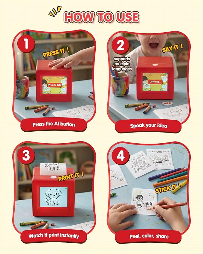 Smart AI Voice Sticker Printer Box, Magic Thermal Sticker Maker with Display, Inkless Portable Sticker Box for Home, Office, Study & DIY Projects, 5 Rolls Paper Included