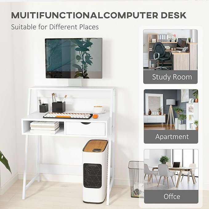 HOMCOM Home Office Desk, Computer Desk with A Frame for Small Spaces, Writing Table with Drawer and Storage Shelves, White