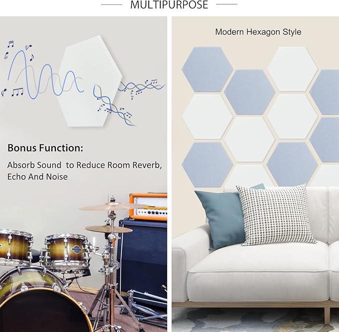 BXI Hexagon Felt Bulletin Board - 14.2 X 12.3 X 3/8 Inches 6 Pcs Self-Adhesive Poster Cork Board 30 Push Pins, Thick Pin Tiles Display Vision Board, Photo Picture Panels for Home Office Classroom