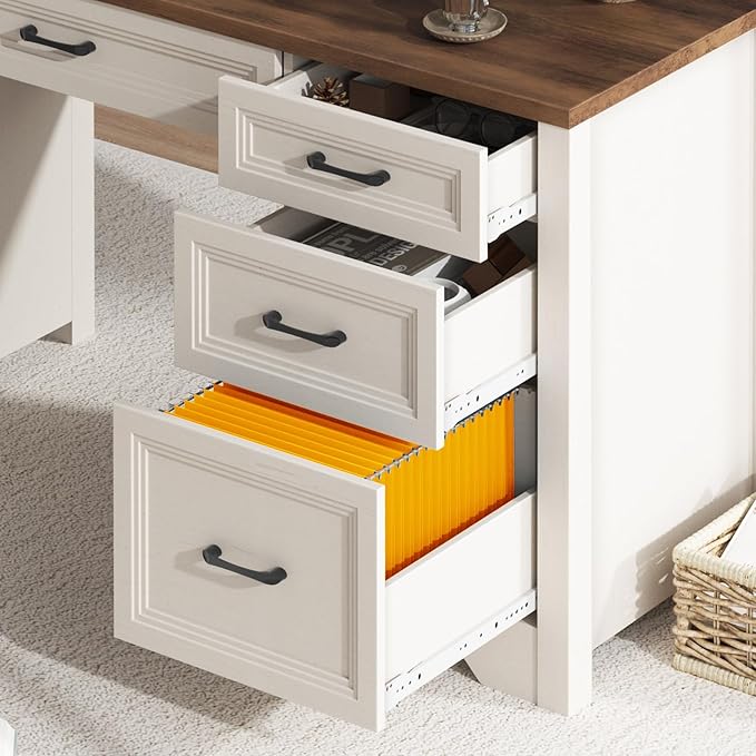 Vabches Farmhouse Executive Desk with Drawers, Home Office Desk with File Drawer, Wood Computer Desk with Ample Storage, Rustic Office Desk with Spacious Tabletop for Work, White