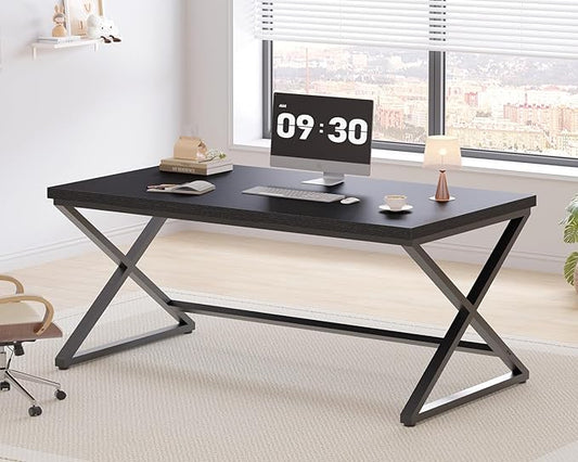 IBF Black Desk, Modern Computer Desk for Writing Study, Industrial Simple Home Office Work Desk in Bedroom, Wood Metal Pc Gaming Laptop Workstation Executive Computer Table, Black Oak, 60 Inch
