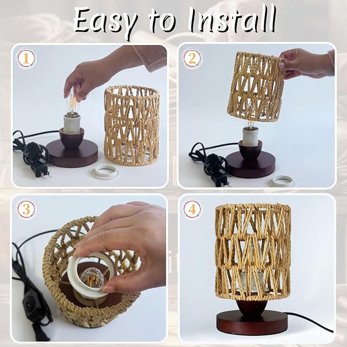 Boho Rattan Table Lamp, Bedroom Bedside Small Lamps with Warm White LED Bulb, Vintage Wooden Nightstand Nightlight, Rustic Handmade Woven End Desk Lamps for Bedroom Living Room Study Kids Room