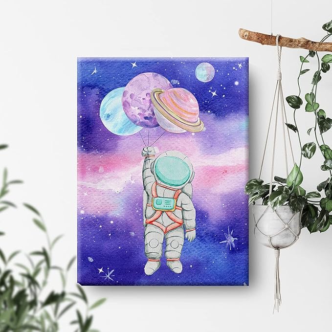 Outer Space Canvas Wall Art Watercolor Planet Astronaut Canvas Painting Prints for Home Kids Bedroom Nursery Wall Decor Framed Space Artwork Gifts(12x15 Inch)