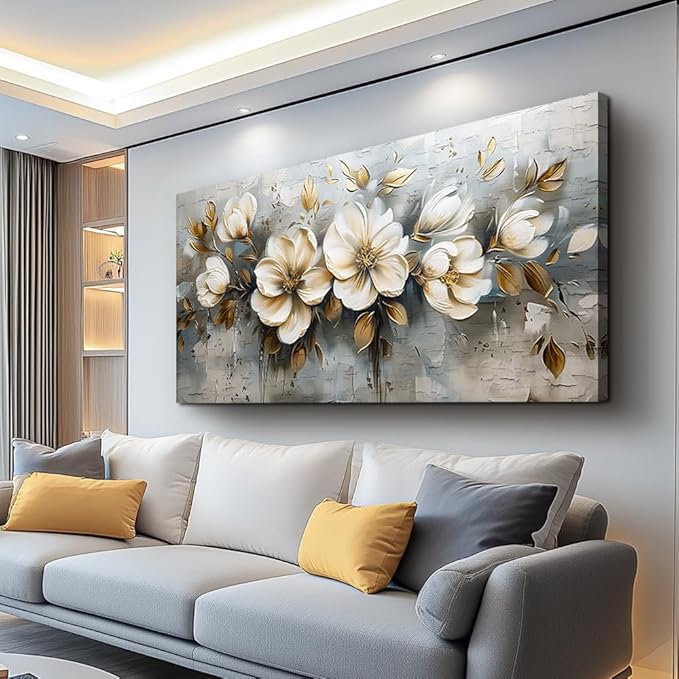 PHAOHUAXM Large Canvas Wall Art For Bedroom Wall Decoration For Living Room Restaurant Office Mural Abstract White Flowers Paintings Printing Artwork Modern Posters Home Decor Ready To Hang 24"x48"