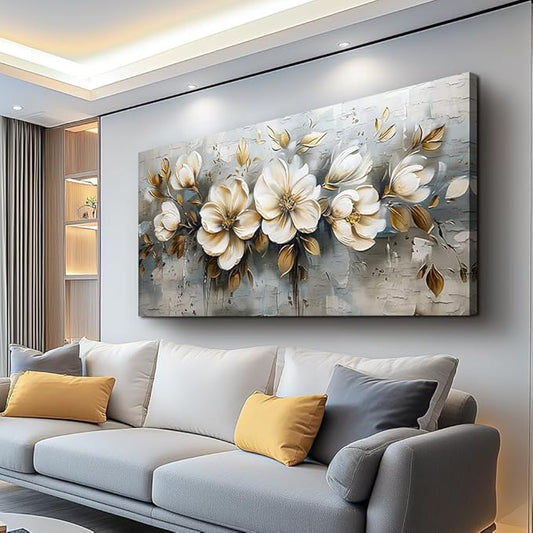 PHAOHUAXM Large Canvas Wall Art For Bedroom Wall Decoration For Living Room Restaurant Office Mural Abstract White Flowers Paintings Printing Artwork Modern Posters Home Decor Ready To Hang 24"x48"