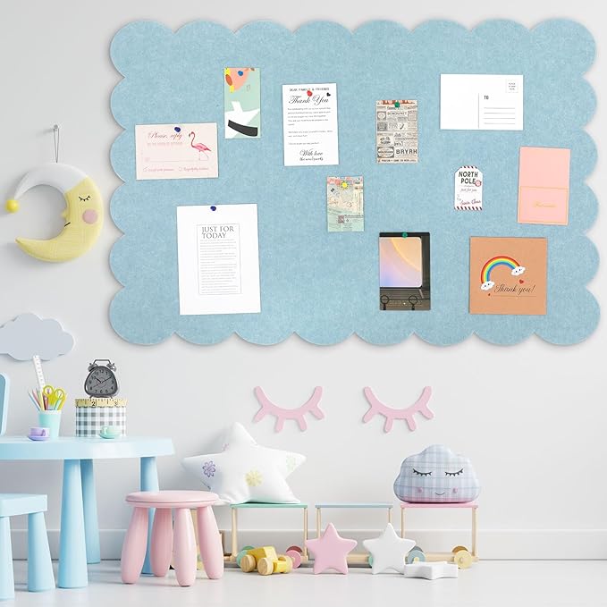 Scalloped Felt Bulletin Board 48 x 36 Inches Foldable Light Blue Pin Cork Board Alternative for Wall, 4' x 3' Trifold Picture Vision Self Adhesive Bulletin Decorative