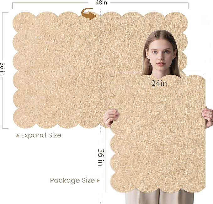 Scalloped Bulletin Board, 48 x 36 Inches Felt Pin Board - Decorative Cork Alternative for Wall, Foldable Picture Self-Adhesive Vision Prayer Board with 20 Pushpins - Beige Brown