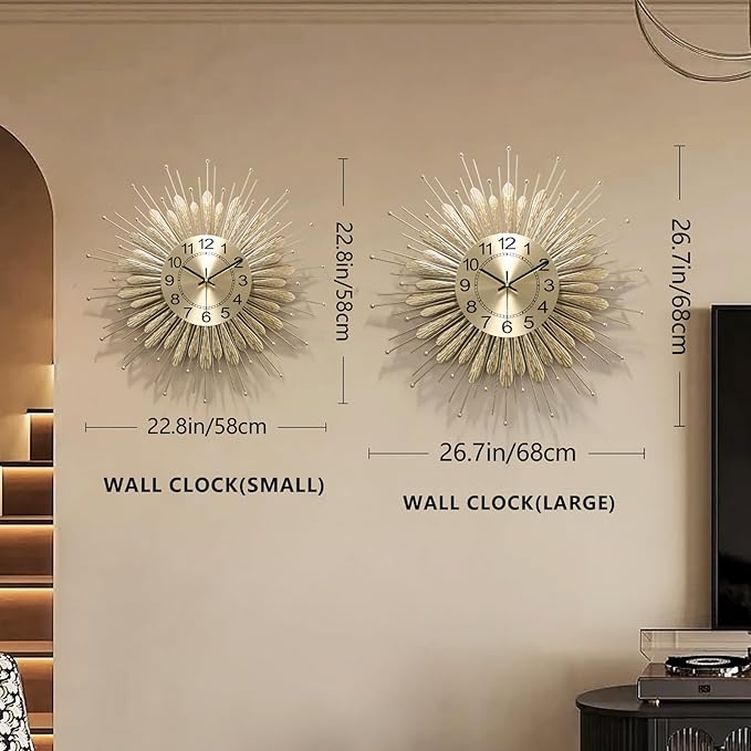 Gold Wall Clock 23 Inch Sunburst，Mid Century Decorative Wall Clocks Battery Operated Sunburst Large Modern Handmade Home Art Decor for Living Room， Corridor, Staircase, Kitchen & Thoughtful Gift