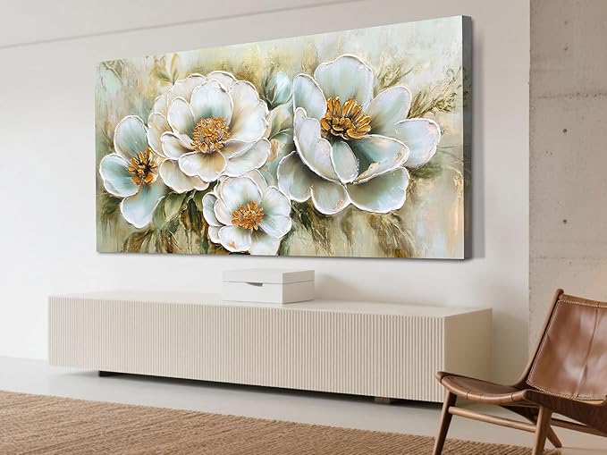 Arjun Vintage Wall Art Canvas Flower for Living Room, Rustic Floral Painting Bedroom, Teal Gold Textured Picture Framed Artwork Dining Room Kitchen Home Office Wall Decor, Large 48"x24"