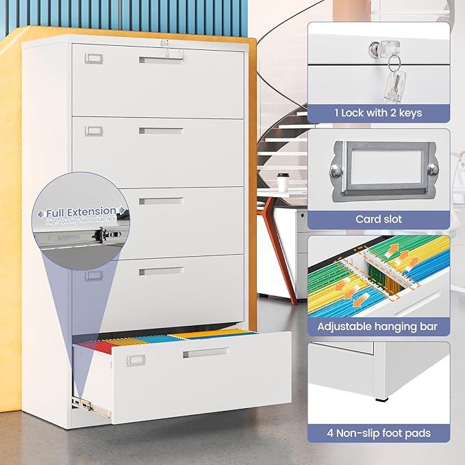 5 Drawer File Cabinet, White Metal Lateral File Cabinet with Lock, Office Filing Cabinet for Legal/Letter/A4/F4 Size with Hanging Files, Lockable File Cabinets for Home Office