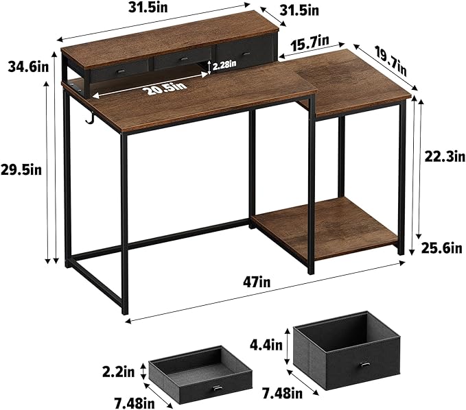SINPAID 47 inch Computer Desk with Printer Shelf, Gaming Desk with Monitor Stand and Drawers, Reversible Home Office Desk with Storage Shelves and 2 Hooks, Home Workstation for Study Writing, Walnut