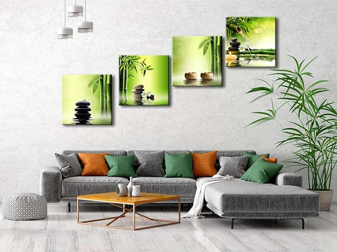 Pyradecor 4 Panel Perfect Bamboo Green Pictures Paintings on Canvas Prints Wall Art Large Modern Gallery Wrapped Zen Artwork for Living Room Bedroom Home Office Decorations 50x50cmx4pcs