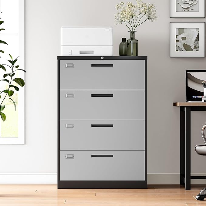 Lateral File Cabinet with Lock, 4 Drawer Metal Filing Cabinet, Lateral Filing Cabinet with Lock for Home Office, Locking Metal Steel Wide File for Legal/Letter A4 Size
