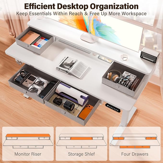 Kingant 55 x 24 Inch Electric Standing Desk with 4 Drawers, Height Adjustable Sit to Stand Computer Desk with Storage Shelf and C-Clamp Mount Compatibility for Home Office, White