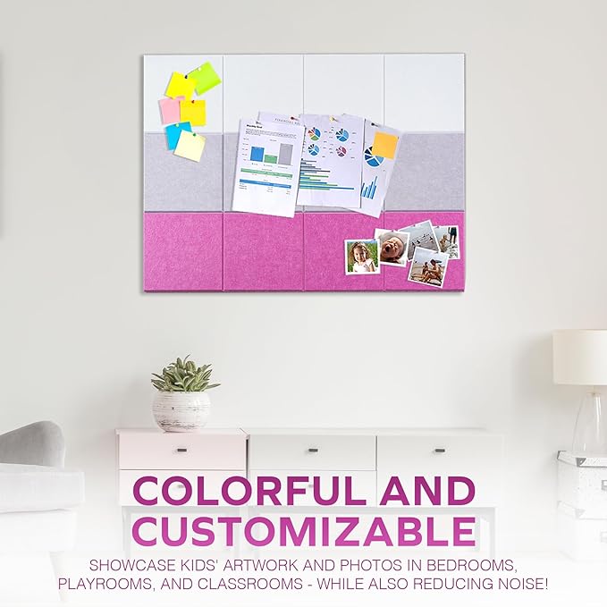 Bulletin Board 40x30in, 12 Count 9.8 x 9.8in Felt Wall Tiles with Removable Adhesive Tape, Cork Board Alternative for Walls, Wall Decor, Kids Art Display, Kids Room (Magenta Accent Collection)