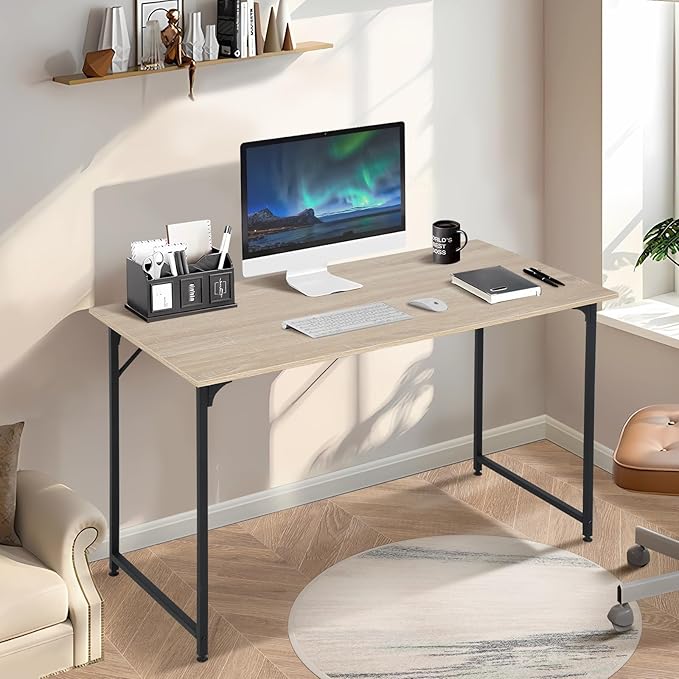 Computer Desk, 48 Inch Office Desk with Metal Frame, Home Office Desk, Modern Simple Style for Home Office, Living Room, Bedroom, Nature