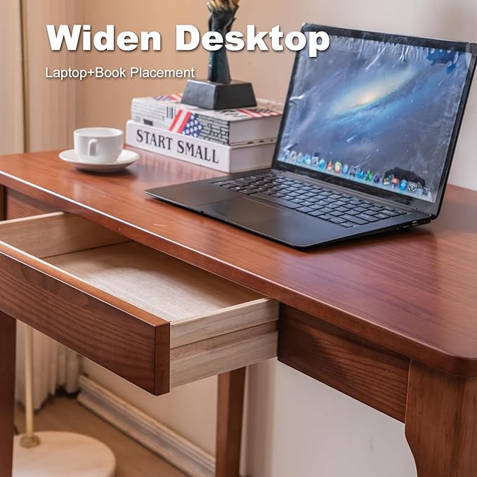 Solid Wood Desk with Drawers, Home Office Desk for Small Spaces, Gaming Work Study Desk, Student PC Desk for Bedroom, Easy to Assemble (Cherry Color, 31.5 inch)