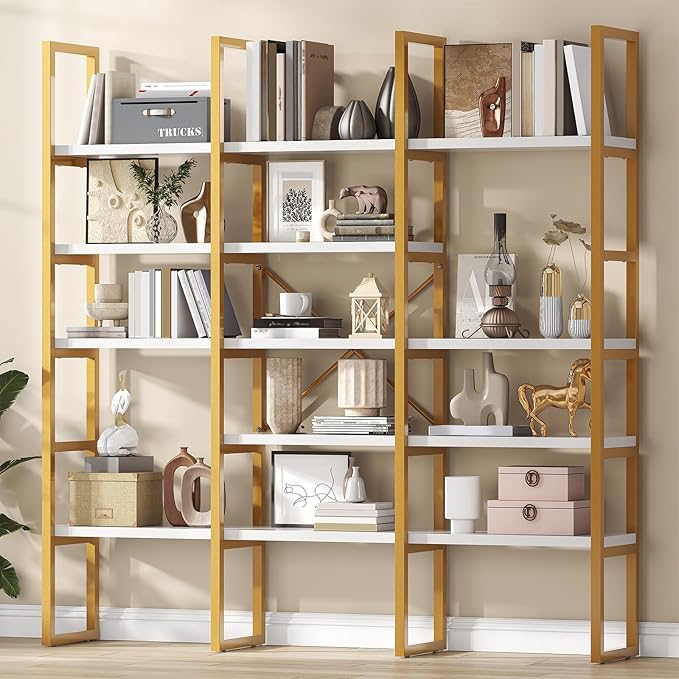 Jehiatek Gold Bookshelf 5 Tiers, Geometric Bookcase, 71"L x 71"H Tall Etagere Book Case, Sturdy Metal Frame, Freestanding Display Shelving Unit for Home, Office, Library