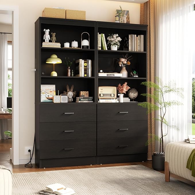 Aheaplus 71 Inches Bookshelf with USB Ports and Outlets, Wooden Bookcase with 3 Drawers & Open Shelves, 6-Tier Tall Storage Cabinet Book Shelf Storage Organizer for Living Room, Home Office, Black