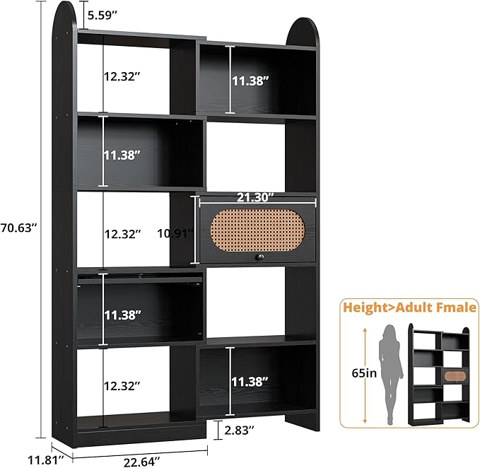 IRONCK Bookshelf and Bookcase with 2 Rattan Design Flip-top Storage Cabinets, 6 Tier 8 Cube Bookcases Storage Shelves Organizer for Living Room, 43.3" Black