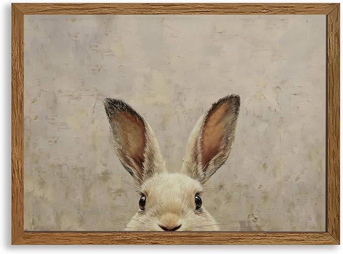 AVECCO Framed Vintage Funny Bunny Easter Wall Art, Cute Farmhouse Aesthetic Wall Decor, Easter Rabbit Art Prints for Bathroom Living Room Bedroom Dining Room Office Decoration Ready to Hang 16x24 inch