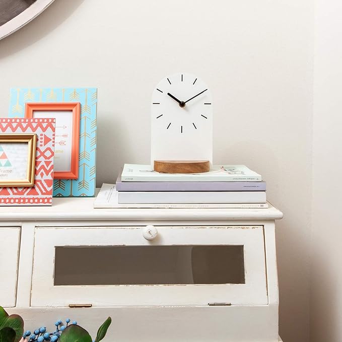 SOFFEE DESIGN One-Piece Table Clock Iron Sheet with Wooden Base Ins Style, Desktop Clock Non Ticking Battery Operated for Living Room Bedroom Home Decor, White