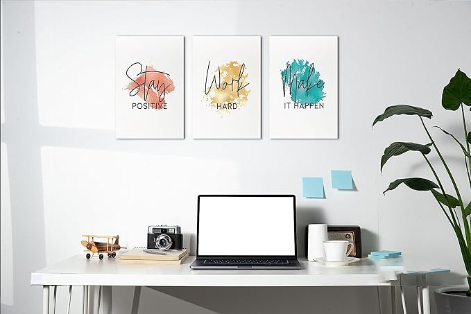 SHMAO Office Canvas Wall Art Motivational Wall Decor, 3 Piece Stay Work Make Print Pictures for Office Wall Decor Women Inspirational Framed Artwork Home Office Decor 12”x18”x3 Panels