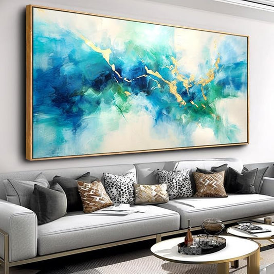 Wall Art Abstract Canvas Painting Green Blue and Gold Fantasy Wall Decor Modern Artwork for Bedroom Living Room Dining Room Home Office Decor 20"x40" with Framed